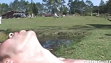 A muscular Latin twink gets his bareback fantasy fulfilled outdoors. The couple goes all the way, finishing with a passionate blowjob and cumshot.