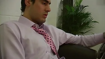 Sean's office audition takes a very personal turn as he starts stroking his cock. The whole thing concludes with him shooting a massive, messy cumshot.