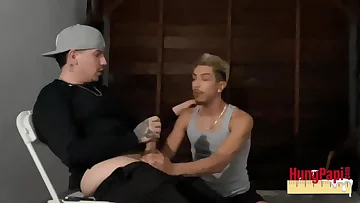 Watch this hungry mouth service a whole gang of thugs until they're ready to explode. They finally blow their massive loads all over his face.