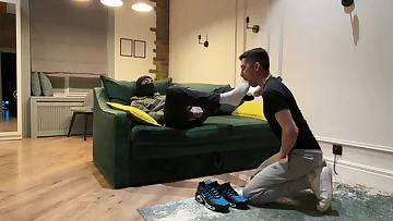 These young guys keep their sneakers and dirty socks on during some seriously hot gay sex. They go bareback with deep throat blowjobs and intense domination.