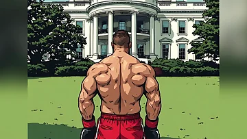 AI-generated muscle gods clash in an epic showdown at the White House. These digitally crafted studs bring explosive action to the political arena.