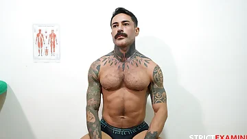 Kai's tattooed body gets a hands-on examination that turns into pure pleasure. That ball gag keeps him quiet while his muscular form gets worked over.